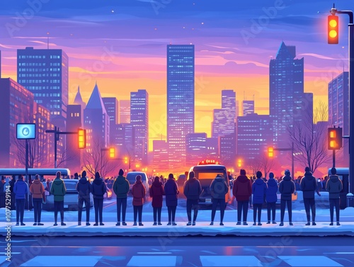 A diverse crowd stands in winter clothing, facing an illuminated city skyline at sunrise, with a crosswalk and streetlights framing the urban scene