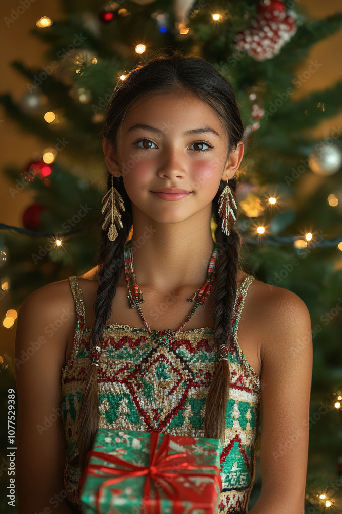 Festive Portrait of Native American Teenage Female Wearing Christmas Tree Dress Holding Christmas Gift Festive Portrait of Native American Teenage Female Wearing Christmas Tree Dress Holding Christmas Gift