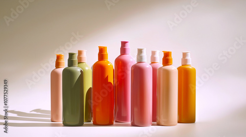 Colorful Beauty Product Bottles on Display in Bright Lighting Concept of Skincare Variety Cosmetic Choices Personal Care Products Packaging Design. Mockup. Copy space