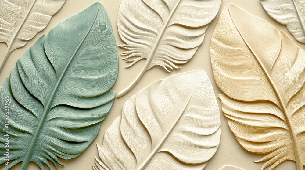 Obraz premium Series of leaf-shaped designs, with some of them being green and others being white. Scene is serene and calming, as the leaves seem to be floating in the air