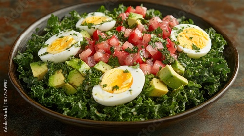 A bowl of kale salad with avocado, eggs, and tomatoes.