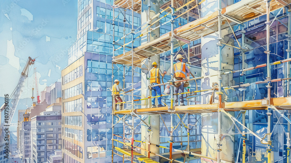 Obraz premium Watercolor Illustration of Diverse Construction Workers on Scaffolding in Urban Cityscape Art Concept of Teamwork Industry and Urban Development
