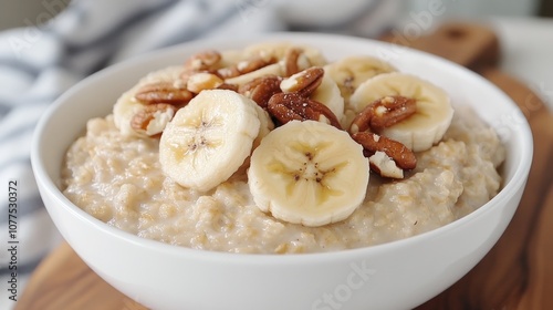 A bowl of oatmeal topped with banana slices and pecans. (1)