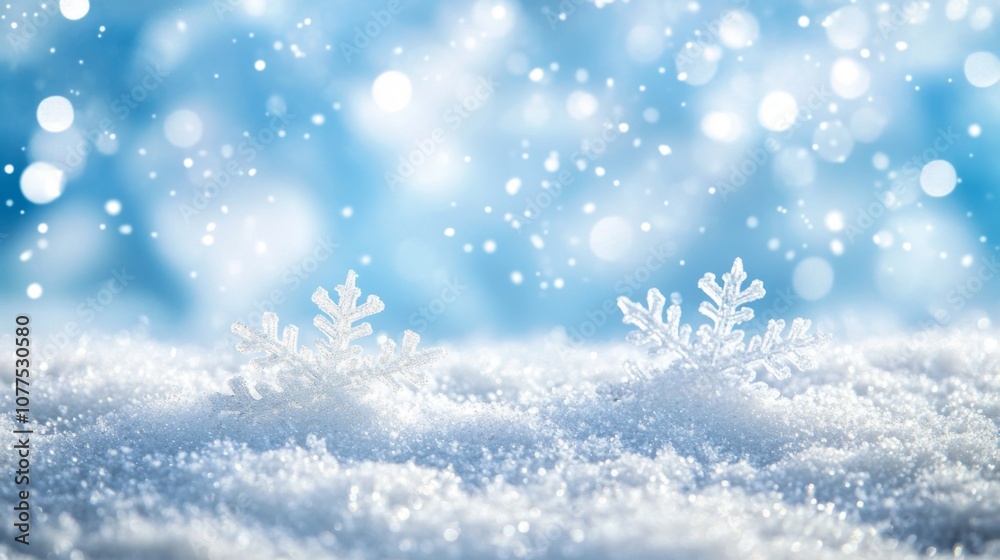 Two Shiny Snowflakes Resting on a Blanket of Fresh Snow Two Shiny Snowflakes Resting on a Blanket of Fresh Snow