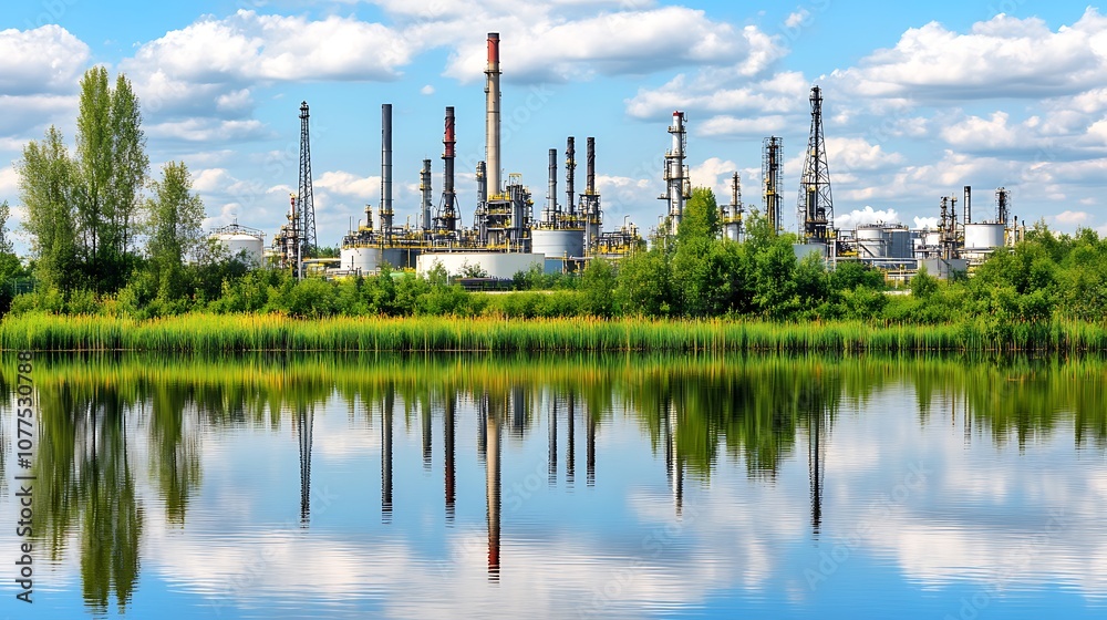 Obraz premium Industrial facility reflected in water under a blue sky with clouds and greenery nearby.