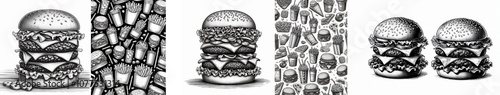 set bundle collection Detailed line art illustration of BurgerFast Food. Useful for branding, menus, food packaging, and logos on white transparent backround 300dpi photo