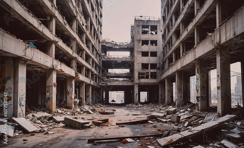 Large building with a lot of debris and graffiti on the walls