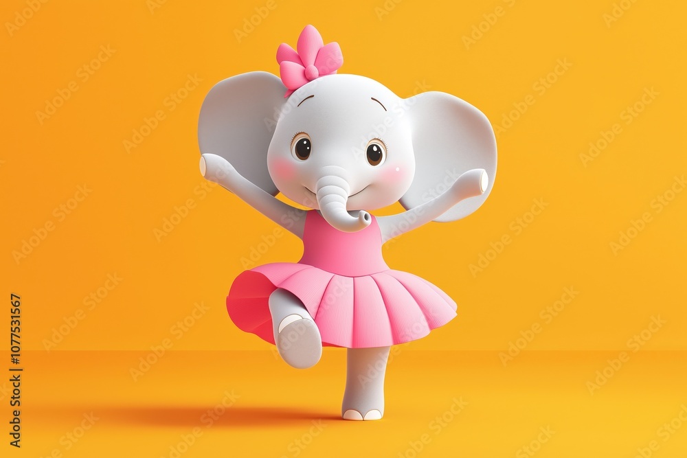 A cheerful cartoon elephant in a pink tutu dances joyfully against a bright orange background, embodying fun and whimsy A cheerful cartoon elephant in a pink tutu dances joyfully against a bright orange background, embodying fun and whimsy