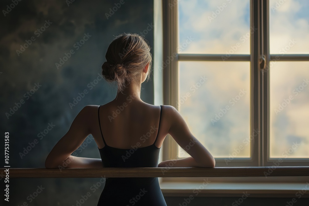 A minimalist portrayal of a ballerina in black gazing out the window in a serene studio setting during twilight A minimalist portrayal of a ballerina in black gazing out the window in a serene studio setting during twilight
