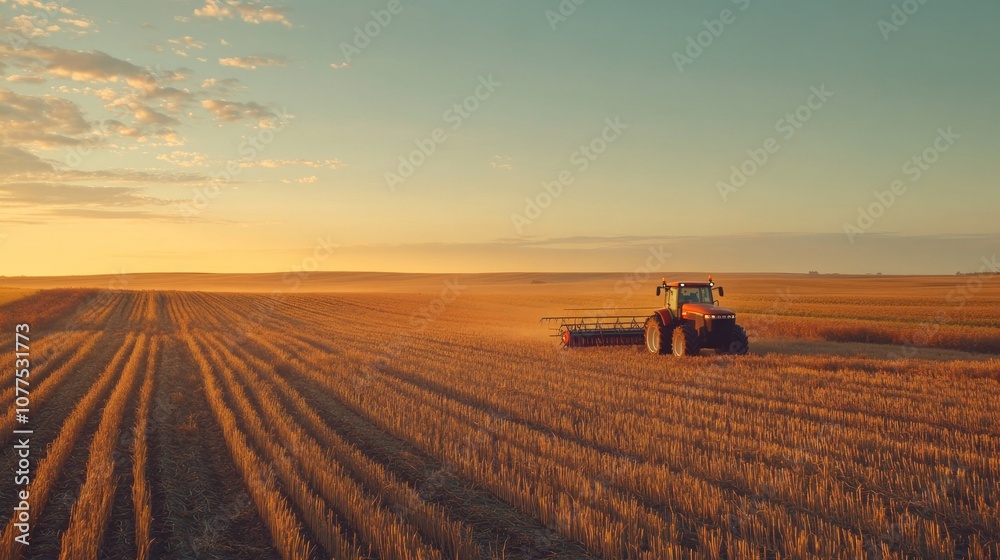 Fototapeta premium Red Tractor Harvesting a Field at Sunset
