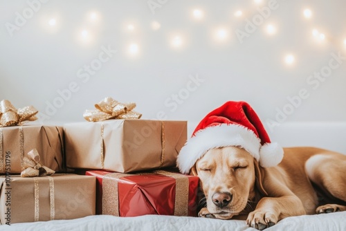 Golden retriever puppy in a Santa hat sleeping beside neatly wrapped Christmas presents with golden ribbons, against a soft background with warm holiday lights, capturing a cozy festive mood photo