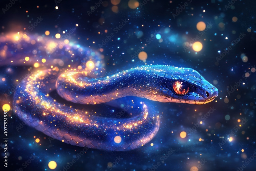 A blue snake with glowing scales on a dark starry background.