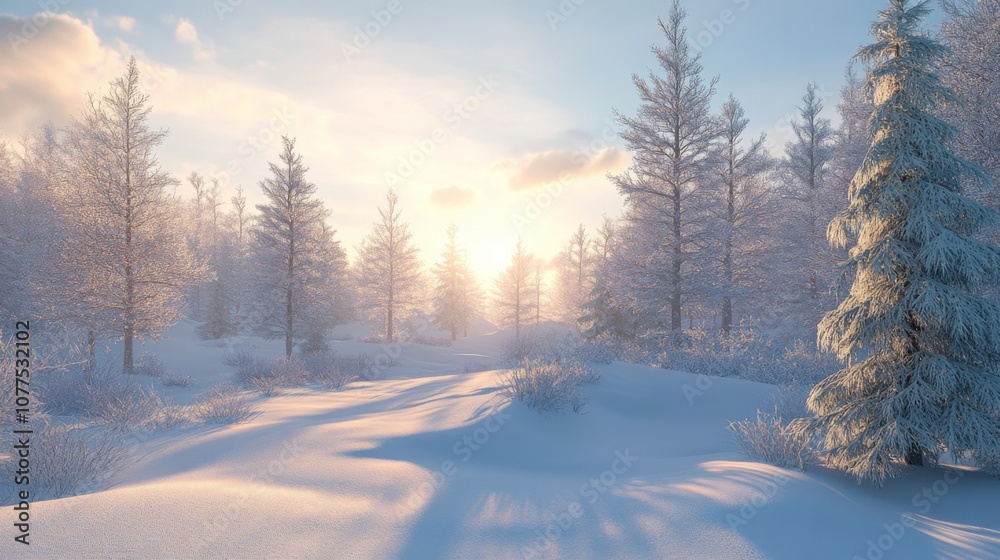 A Snowy Forest at Sunset with a Single Fir Tree in the Foreground A Snowy Forest at Sunset with a Single Fir Tree in the Foreground