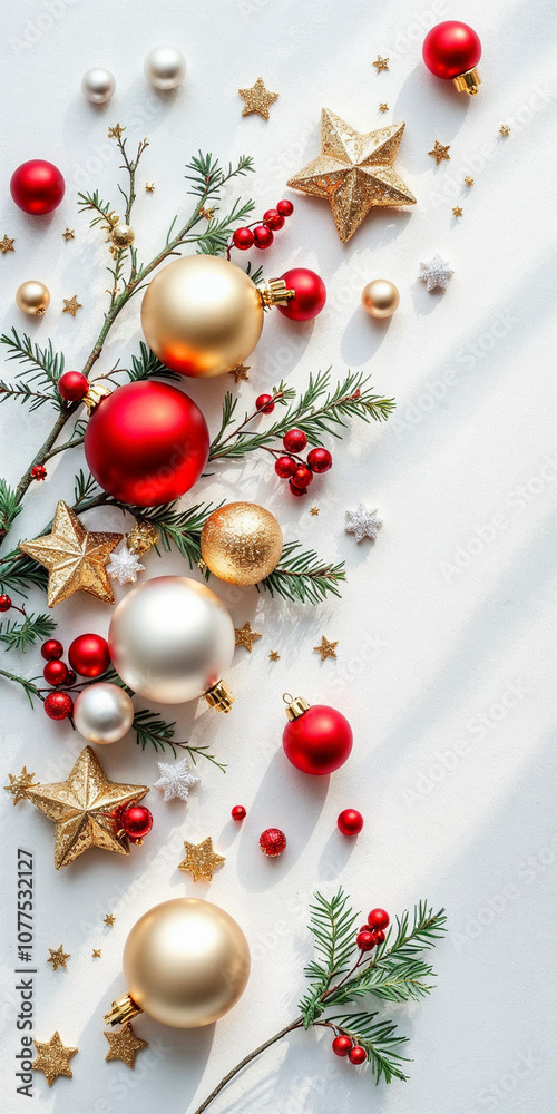 Concept photo of Happy New Year 2025 with Top View of Christmas Ornaments on White Background, Space for Text Concept photo of Happy New Year 2025 with Top View of Christmas Ornaments on White Background, Space for Text