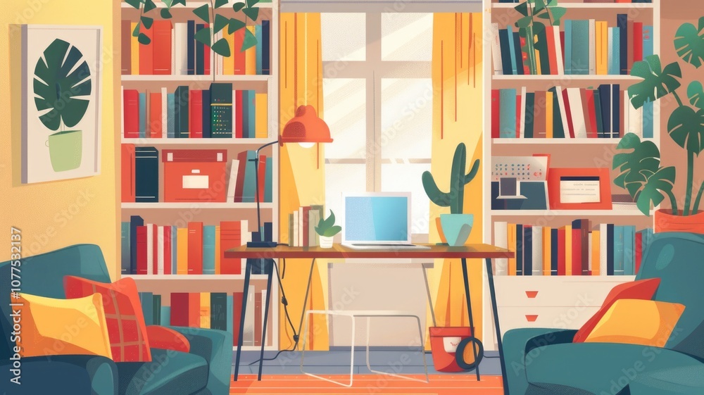 Cozy home office with bookshelves and plants in bright sunlit room interior decor Cozy home office with bookshelves and plants in bright sunlit room interior decor