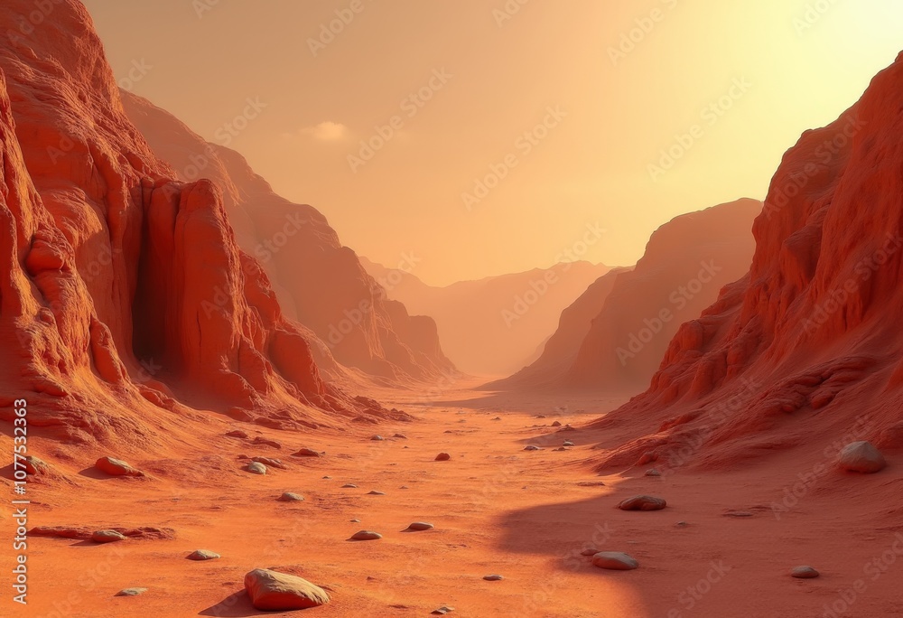 Naklejka premium A vast desert landscape illuminated by the warm glow of sunrise with rocky formations and loose stones scattered across the sand