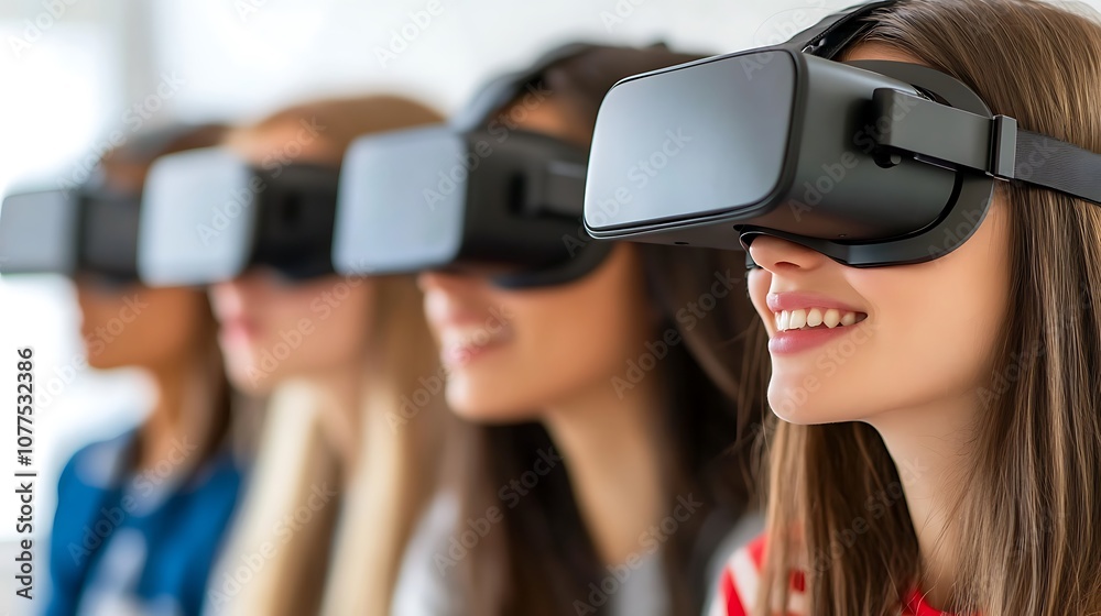 Group of people wearing VR headsets, engaged in a virtual reality experience. Group of people wearing VR headsets, engaged in a virtual reality experience.