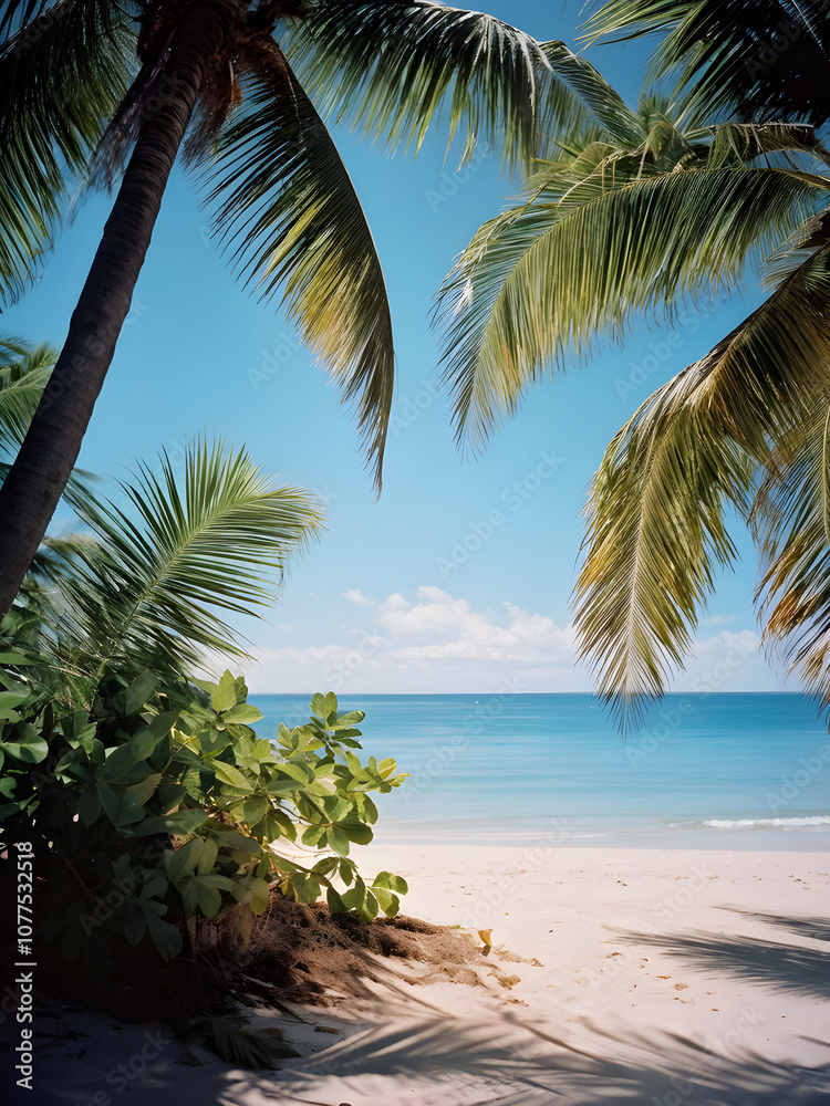 Fototapeta premium Serene Tropical Beach with Palm Trees Under Blue Sky