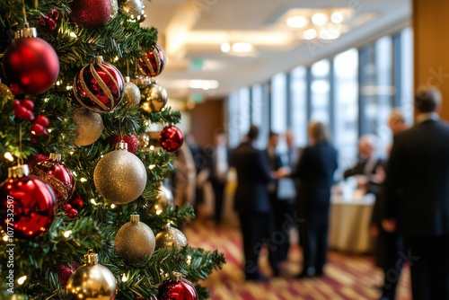 Festive Office Holiday Party with Decorated Christmas Tree Indoors