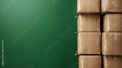 This image shows a neatly stacked row of cardboard boxes leaning against a simple green wall, symbolizing organization, storage, or moving in a minimalist style. photo