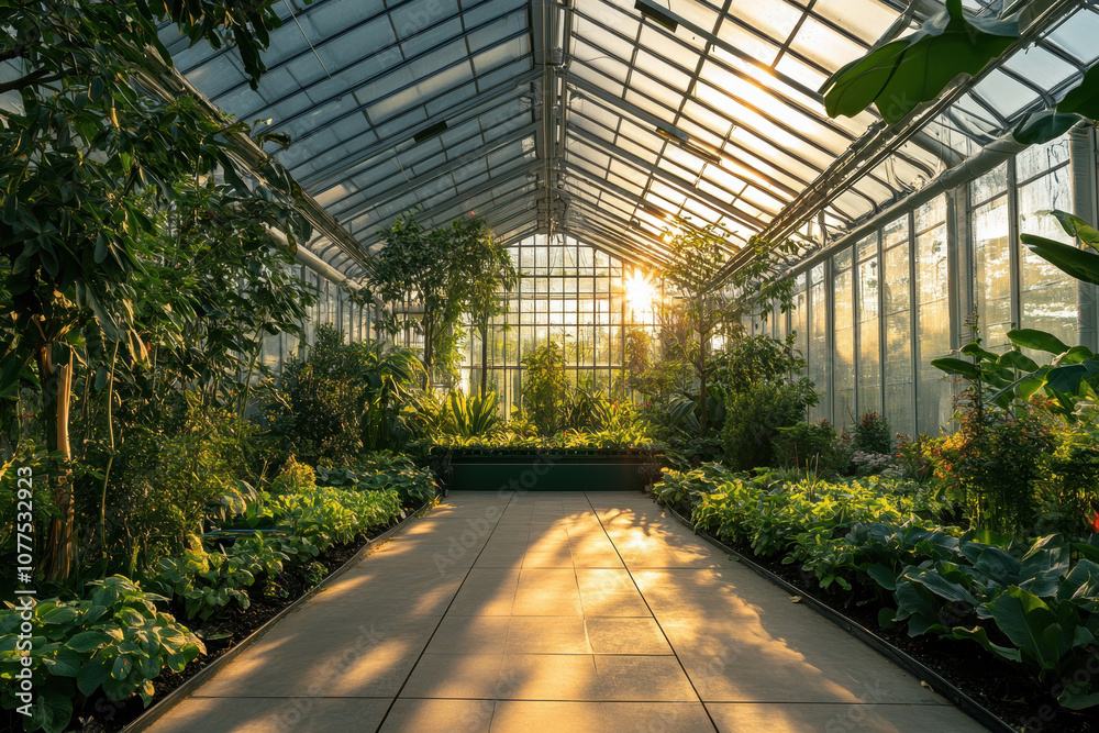 Sunlight streams through a greenhouse, casting warm golden hues on lush greenery and a tiled pathway, creating a serene and tranquil atmosphere. Sunlight streams through a greenhouse, casting warm golden hues on lush greenery and a tiled pathway, creating a serene and tranquil atmosphere.