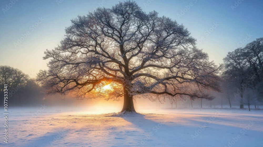 A Silhouetted Tree in a Snowy Field at Sunset A Silhouetted Tree in a Snowy Field at Sunset