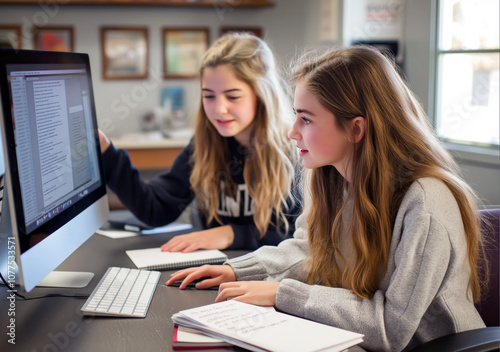 Two girls sitting at a desk with a computer, one is showing the other how to use a new program, with books and notepads nearby.