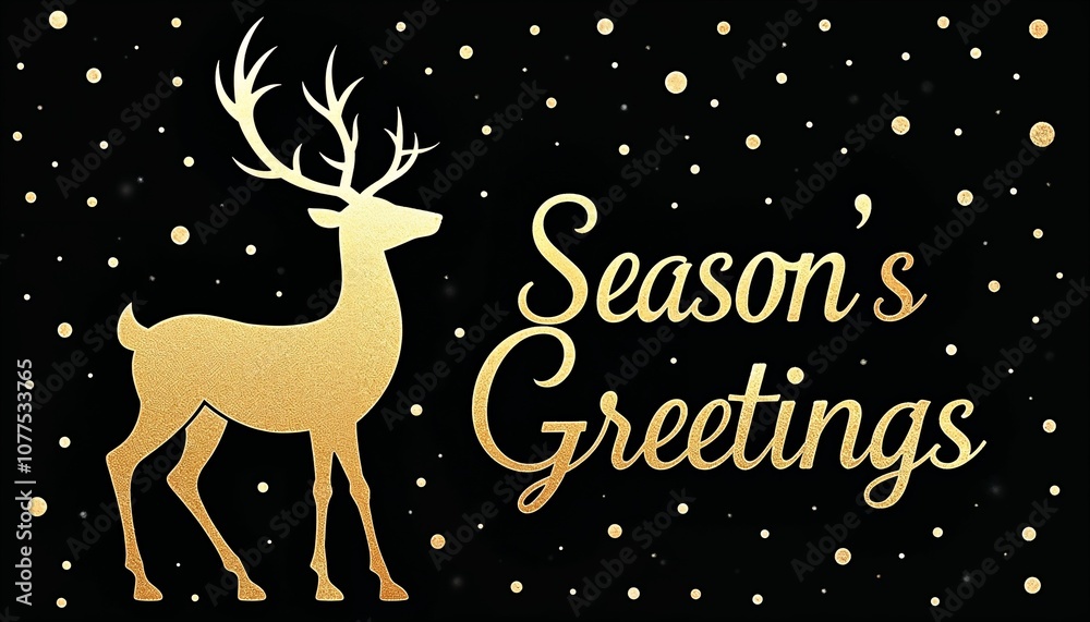 Elegant season's greetings design with a golden reindeer silhouette and festive decorations Elegant season's greetings design with a golden reindeer silhouette and festive decorations