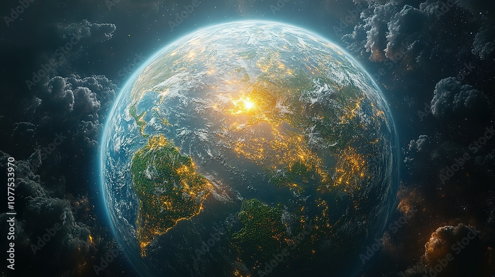 Obraz premium Earth From Space with City Lights and Clouds