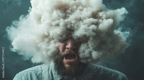 A bearded man with eyes closed, engulfed in an intense, turbulent cloud of smoke that captures an overwhelming and dynamic sense of emotion and artistic chaos.