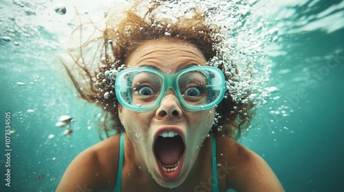 A young woman with a surprised expression swims underwater, her large goggles magnifying her eyes, surrounded by shimmering bubbles in a playful aquatic scene.