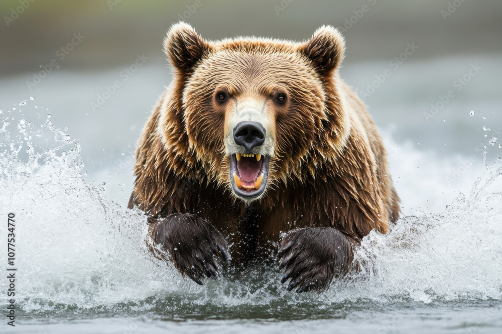 Fierce brown bear splashes through water with open mouth, showcasing its wild nature and powerful presence in an action-packed scene of natural wilderness. Fierce brown bear splashes through water with open mouth, showcasing its wild nature and powerful presence in an action-packed scene of natural wilderness.
