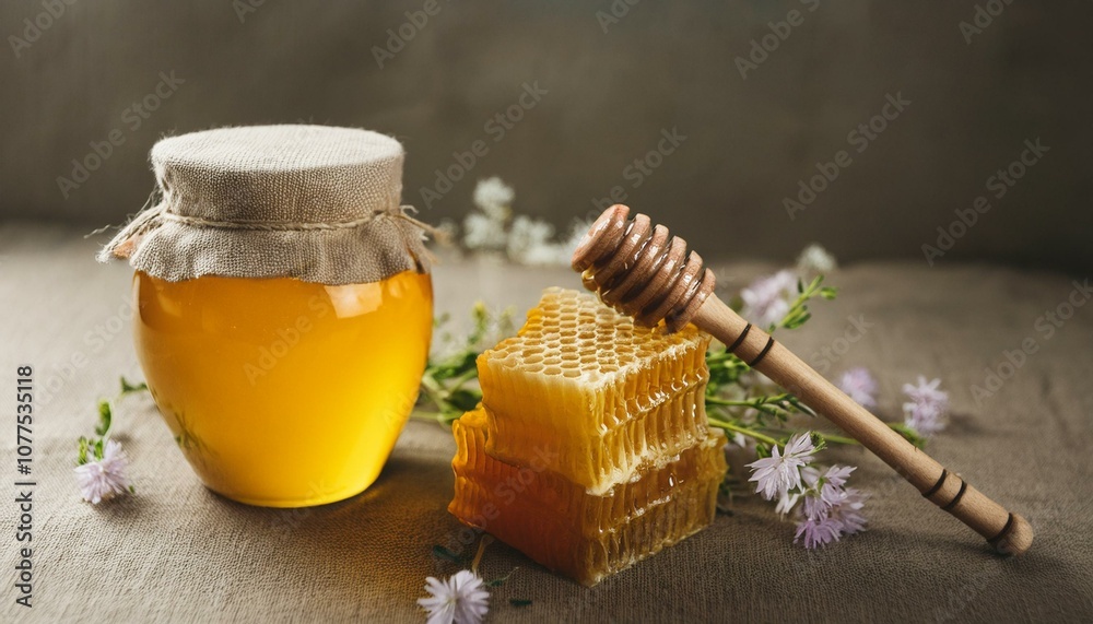 Honeycomb, honey, and a wooden dipper