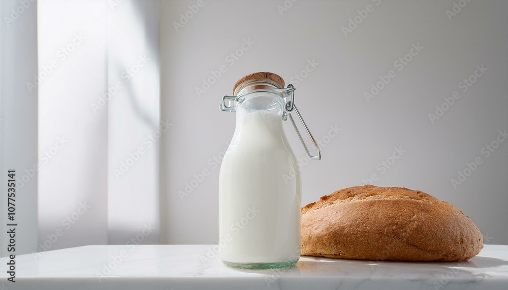Glass bottle of milk and loaf of bread Glass bottle of milk and loaf of bread