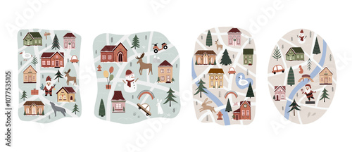 Christmas map creator hand drawn. Cute vector illustration in cartoon style, for your design poster, cards, website. Houses, snowman, trees, Santa