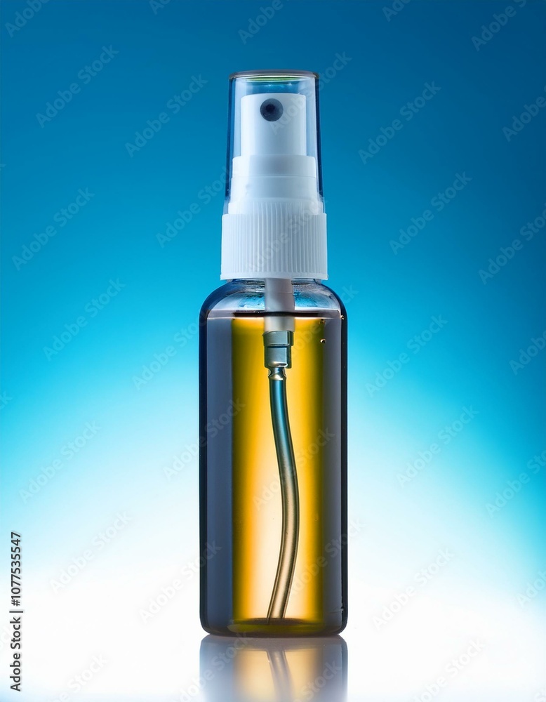 Amber spray bottle on blue