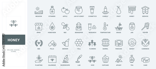 Honeycomb and beehive for bees, dipper stick with organic liquid honey for breakfast dessert thin black outline symbols vector illustration. Honey products, apiary, beekeeping line icon set.