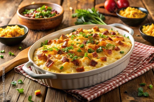 Delicious Home-Cooked Cheesy Potato Casserole with Crispy Bacon Garnish for Family Dinner