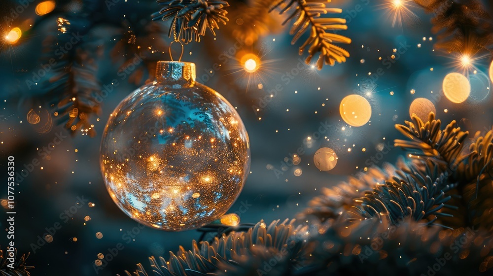 A clear glass Christmas ornament hangs from a pine branch with warm lights in the background. A clear glass Christmas ornament hangs from a pine branch with warm lights in the background.