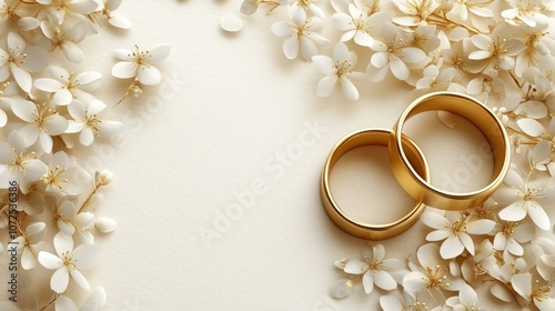 Two gold wedding bands surrounded by white blossoms on a cream background.