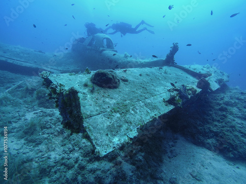 Airplane wreck on the sea floor.