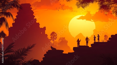 Silhouette of people standing in front of ancient temple ruins during sunset.