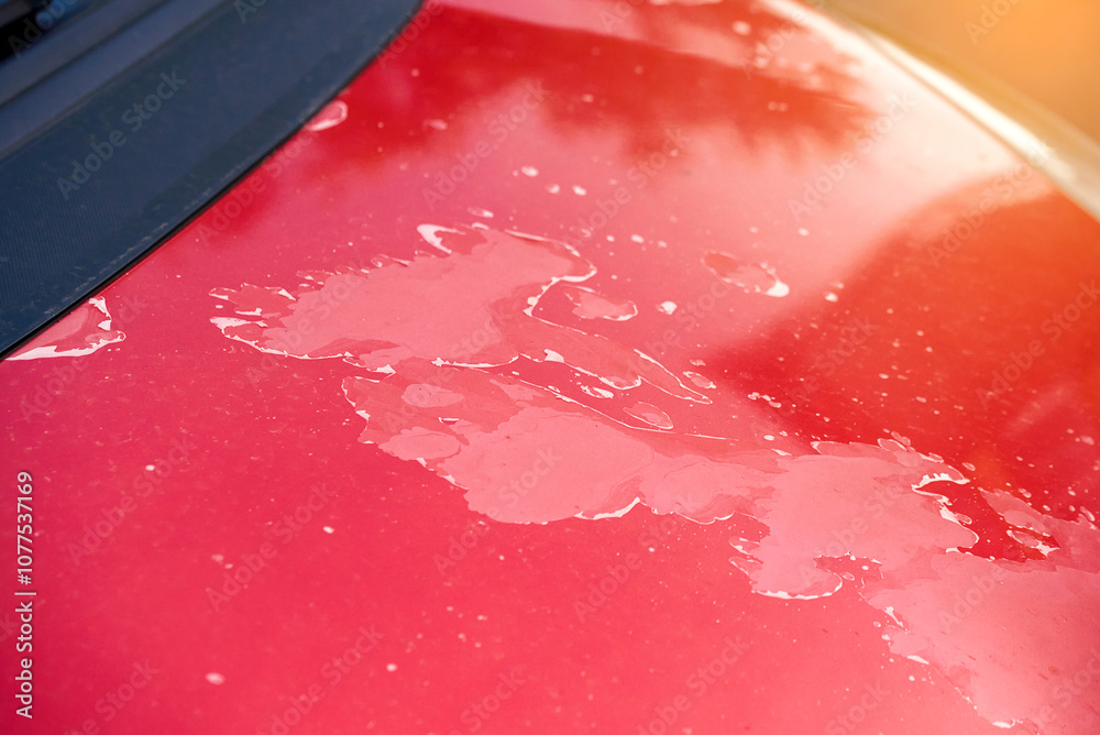 Repairing sun-damaged car paint and clear coat closeup. Peeling paint and clear coat damage. Damaged car surface with clear coat peeling, need for paint repair and restoration on weathered vehicles