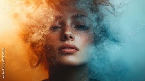 A captivating portrait featuring a serene face surrounded by a mystical blend of warm and cool swirling colors, evoking a dreamlike atmosphere and introspection. photo