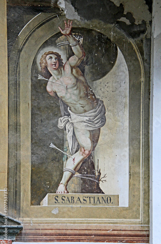 San Sebastiano; affresco sulla facciata della chiesetta di San Rocco a Riva Valdobbia (Valsesia) photo