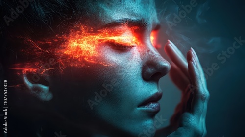 An evocative image of a woman in deep thought as fiery neural energy glows from her eyes, symbolizing inner power and intense emotion.