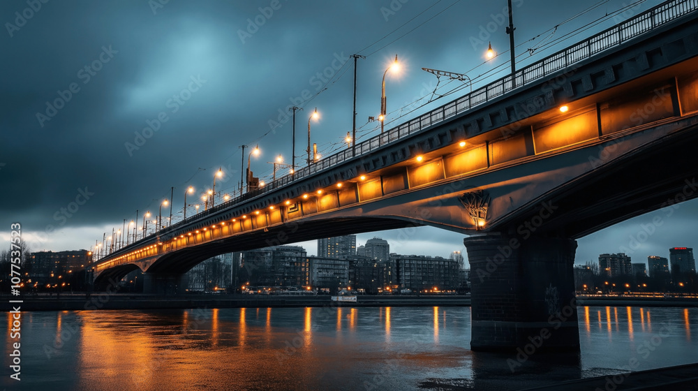 Illuminated bridge over a river in an urban setting during twilight, with city buildings in the background and overcast sky creating a dramatic atmosphere.