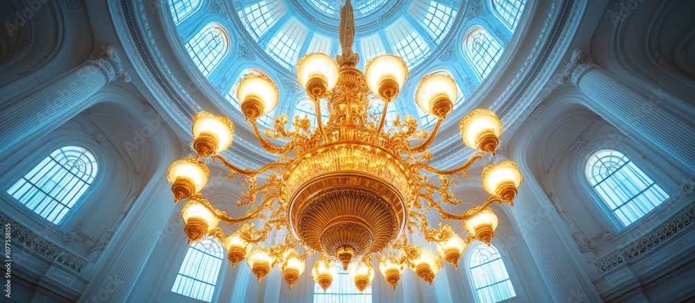 Obraz premium Ornate gold chandelier hangs from a vaulted ceiling in a grand hall, illuminated by natural light pouring through windows.