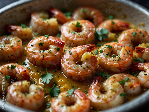 Yummy shrimp in garlic butter glaze with herbs and chili.