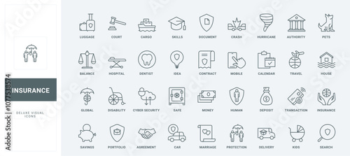 Safety shield for human and pet health and life, protection from car accident and disability, hospital thin black outline symbols vector illustration. Insurance service line icons set.
